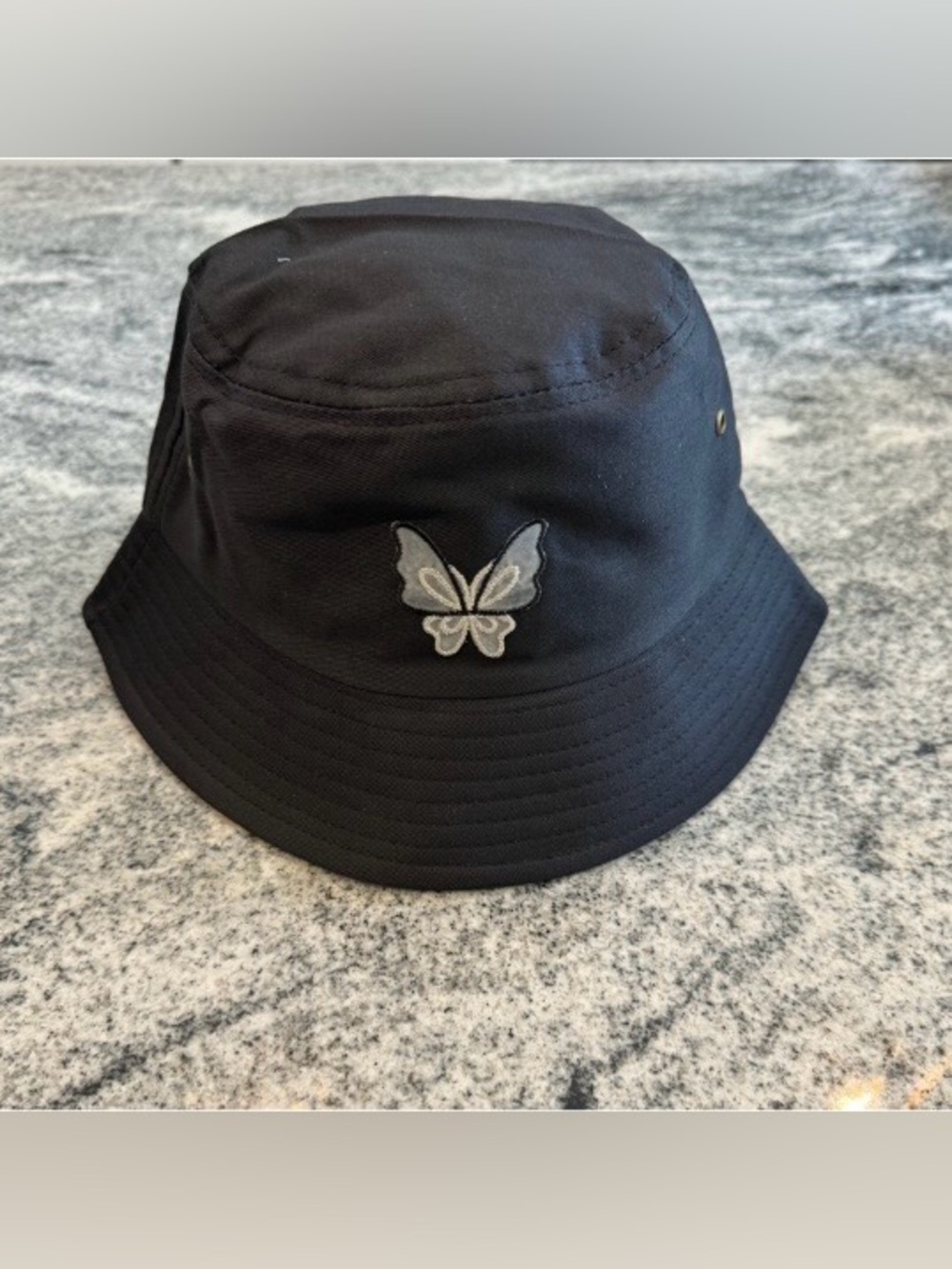New Custom Designed Black Adjustable Bucket Hat with Embroidered Butterfly